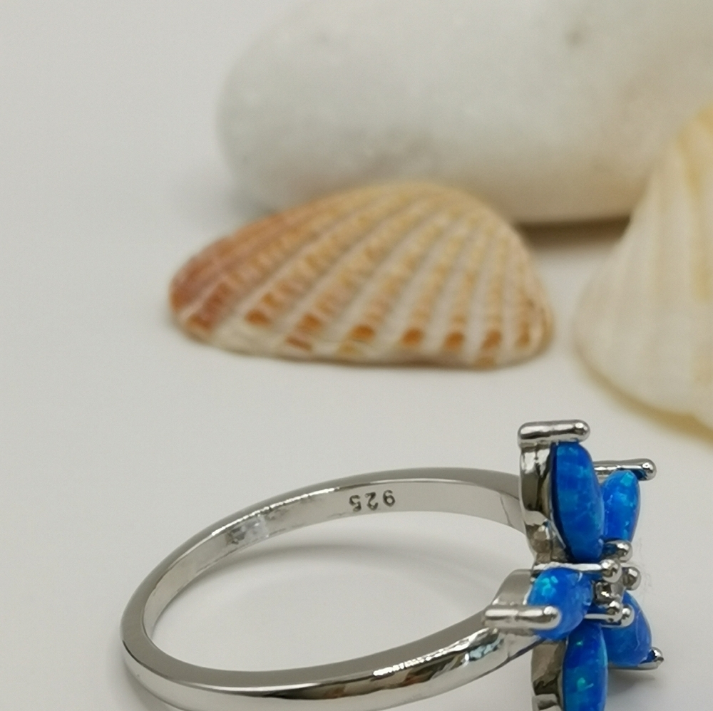 Blue opal CZ Flower Sterling silver ring size 6 🆕 - Picture 6 of 8
